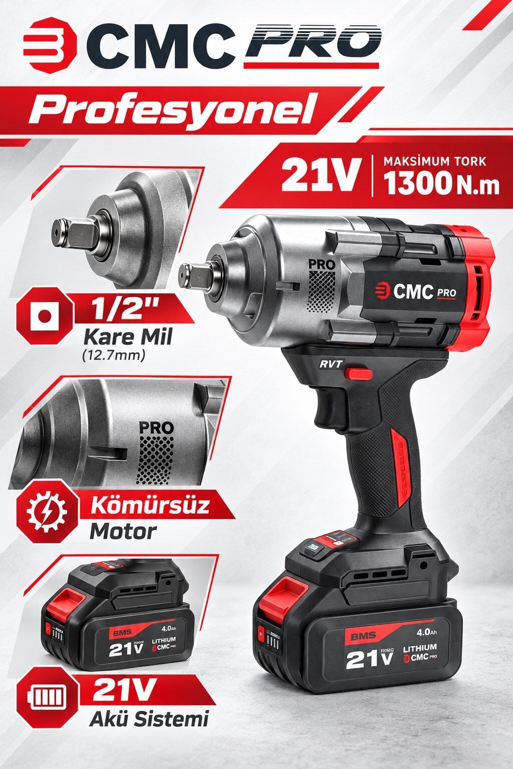 CMC Profesyonel 21V Kömürsüz Akülü Somun Sökme ve Sıkma Makinesi – 1300 Nm, 1/2 İnç, Çift 4 Ah Akü