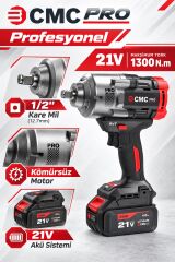 CMC Profesyonel 21V Kömürsüz Akülü Somun Sökme ve Sıkma Makinesi – 1300 Nm, 1/2 İnç, Çift 4 Ah Akü