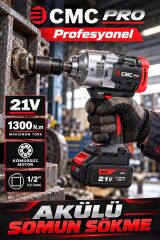 CMC Profesyonel 21V Kömürsüz Akülü Somun Sökme ve Sıkma Makinesi – 1300 Nm, 1/2 İnç, Çift 4 Ah Akü