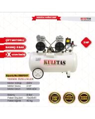 Kuletaş 50 Litre Kompresör 2HP 8 Bar Ultra Sessiz Yağsız Çift Motorlu Bakır Sargılı Süper Hızlı