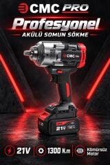 CMC Profesyonel 21V Kömürsüz Akülü Somun Sökme ve Sıkma Makinesi – 1300 Nm, 1/2 İnç, Çift 4 Ah Akü