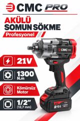 CMC Profesyonel 21V Kömürsüz Akülü Somun Sökme ve Sıkma Makinesi – 1300 Nm, 1/2 İnç, Çift 4 Ah Akü