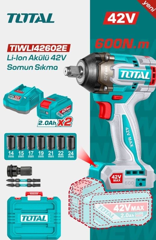 Total 42V Akülü Somun Sıkma Makinesi Kömürsüz Motor Li-ion Çift Akü TIWLI42602E
