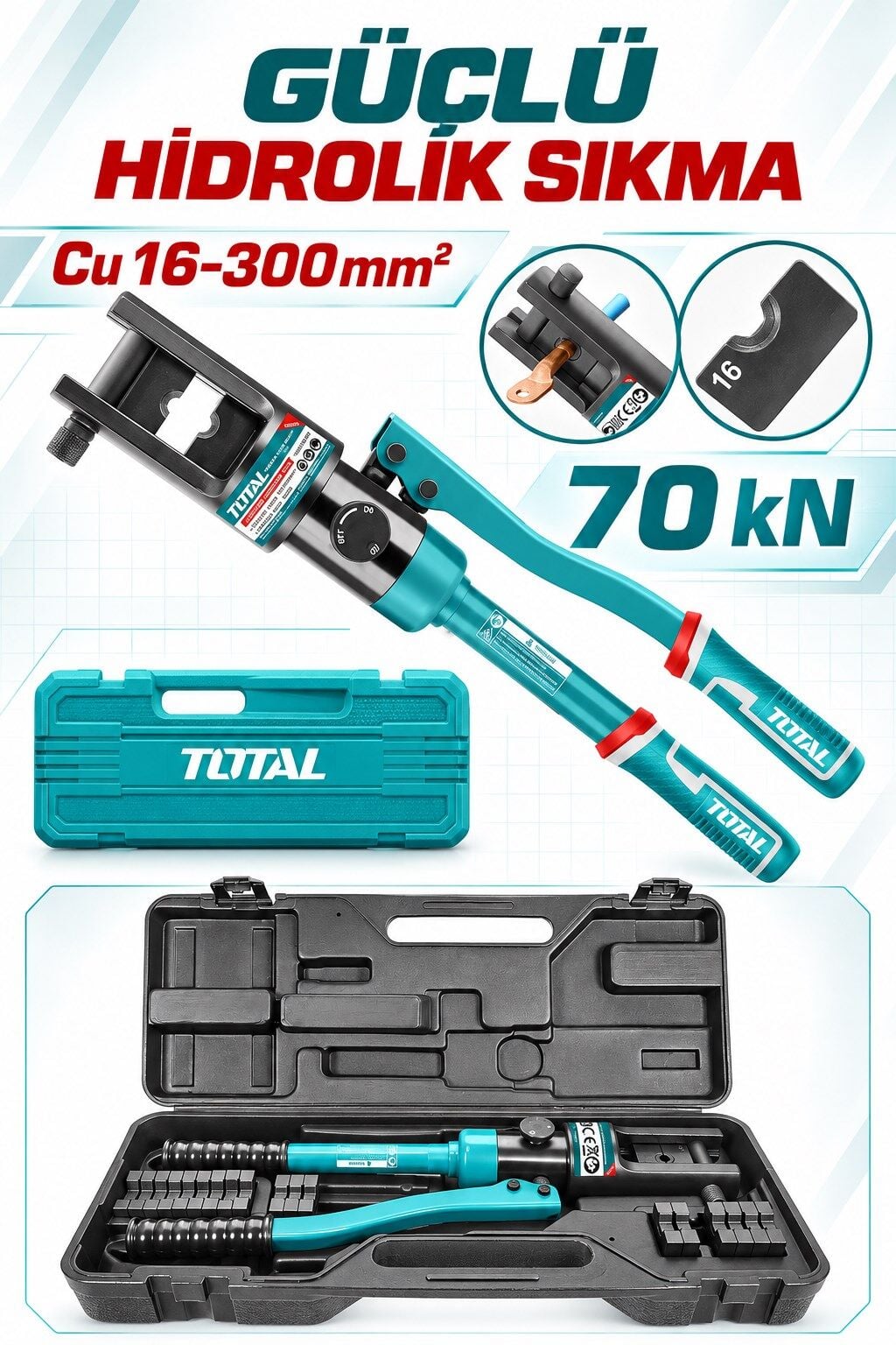 TOTAL Profesyonel Hidrolik Kablo Pabuç Sıkma Pensesi – 70 kN, 16–240 mm², Full Kalıp Takımı Dahil