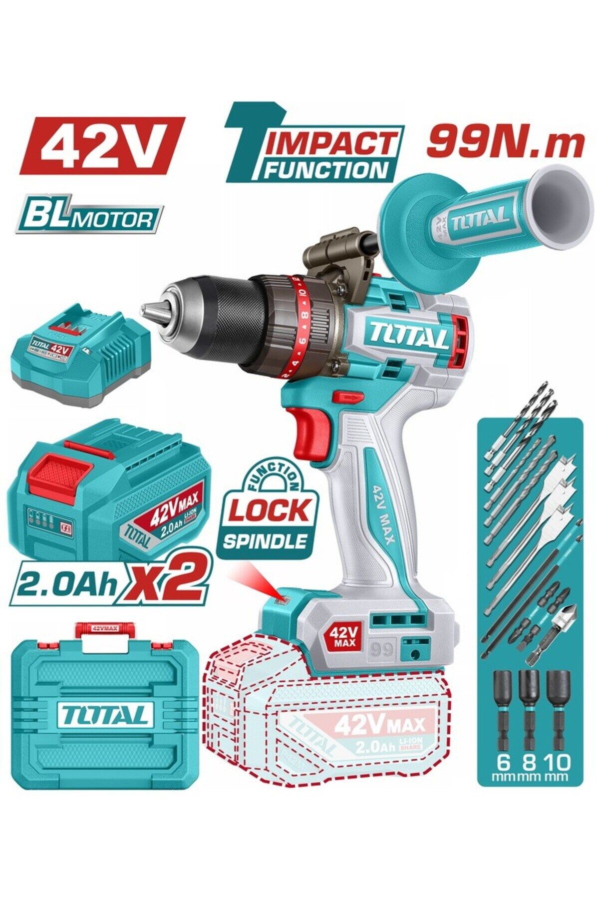 Total 42V Akülü Darbeli Matkap Kömürsüz Motor Li-ion Çift Akü TIDLI429982E