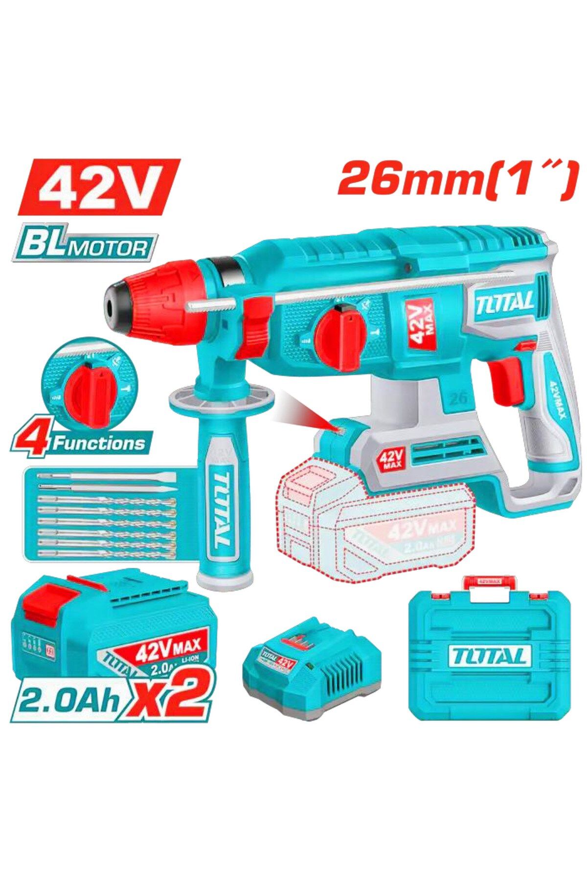 Total 42V Akülü Kırıcı Delici Kömürsüz Motor Li-ion Çift Akülü TRHLI422682E