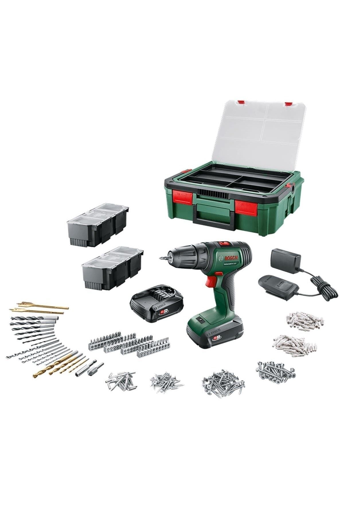 Bosch Universaldrill 18 V akülü matkap (1,5ah, Çift akü) 241 aksesuar Seti