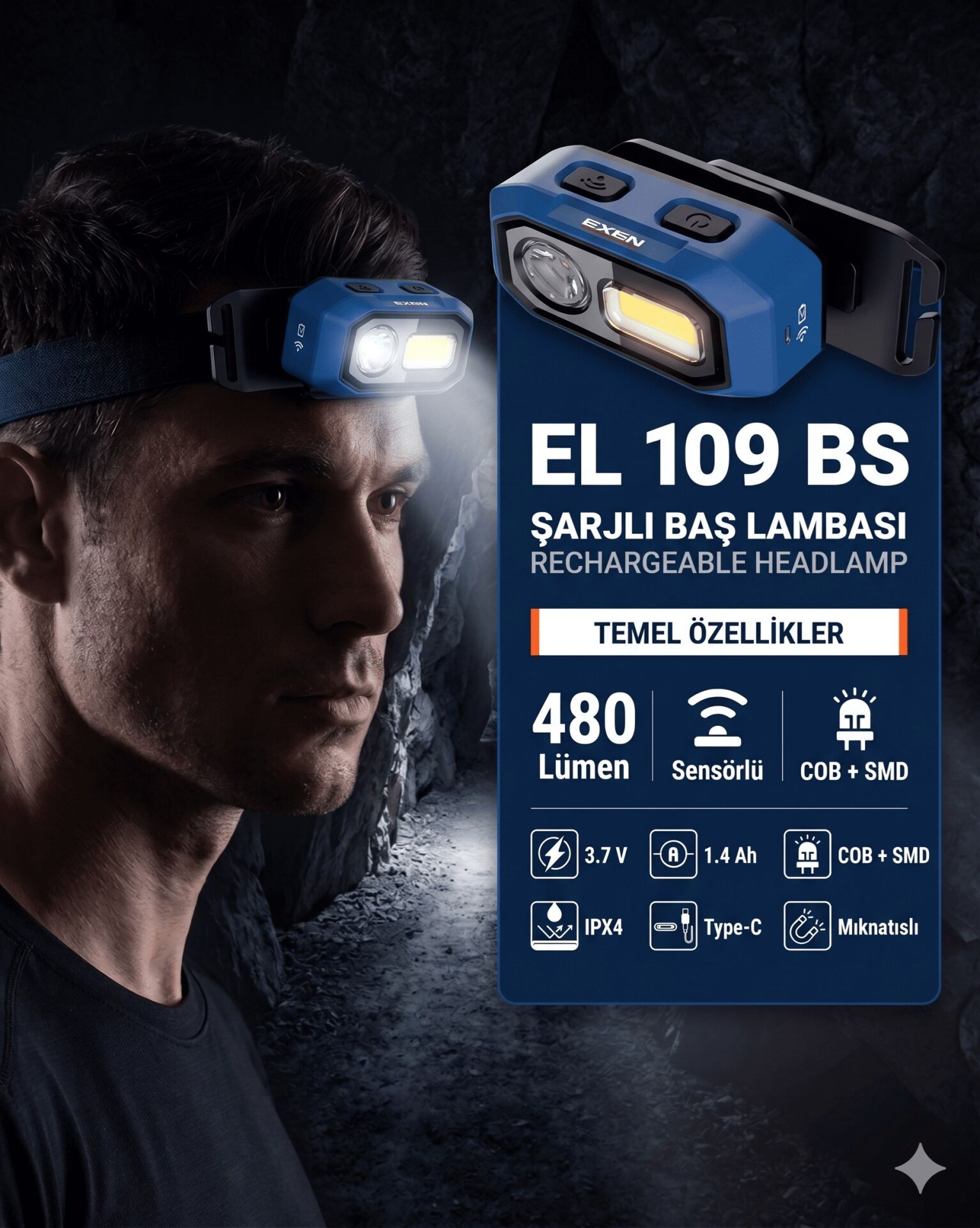 EXEN EL 109 BS - 3.7V 1.4Ah 480 Lümen Şarjlı Baş Lambası