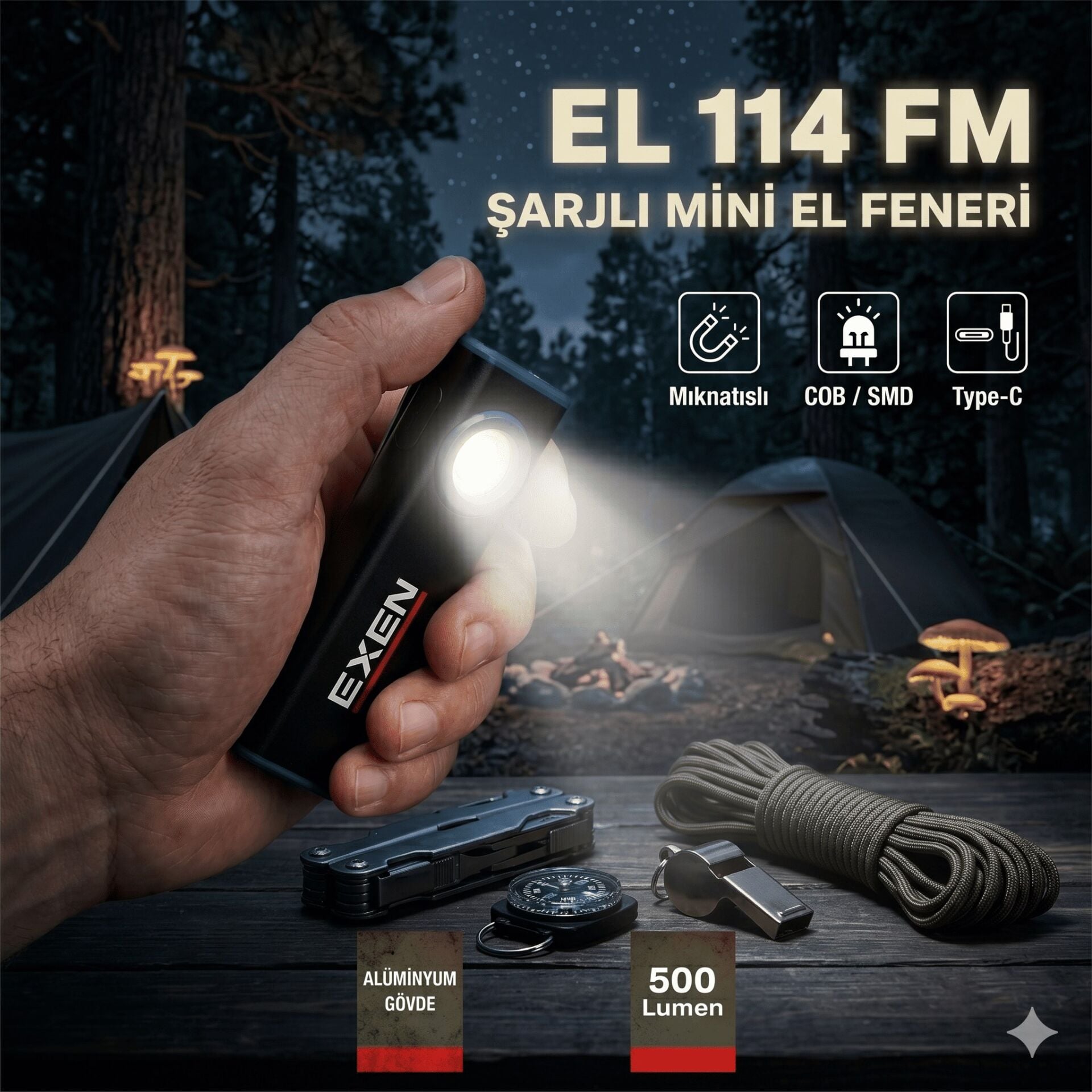 EXEN EL 114 FM - 3.7V 1.2Ah 500 Lümen Şarjlı Mini Tip El Feneri