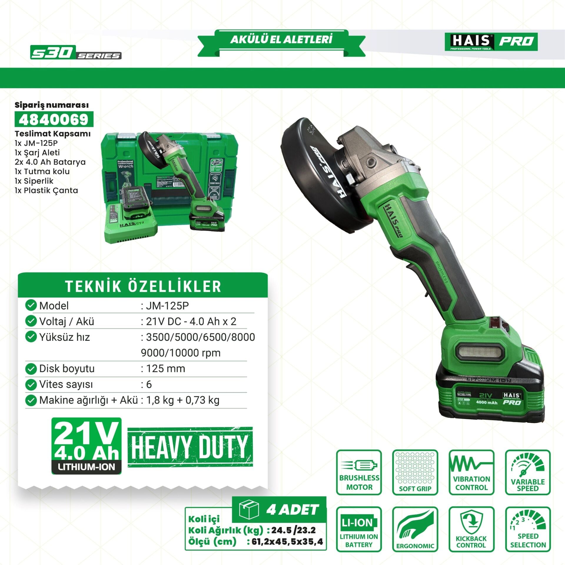 HaisPro Akülü Avuç Taşlama Makinesi 2x4 Ah Çift Akü S30 Rb-125p