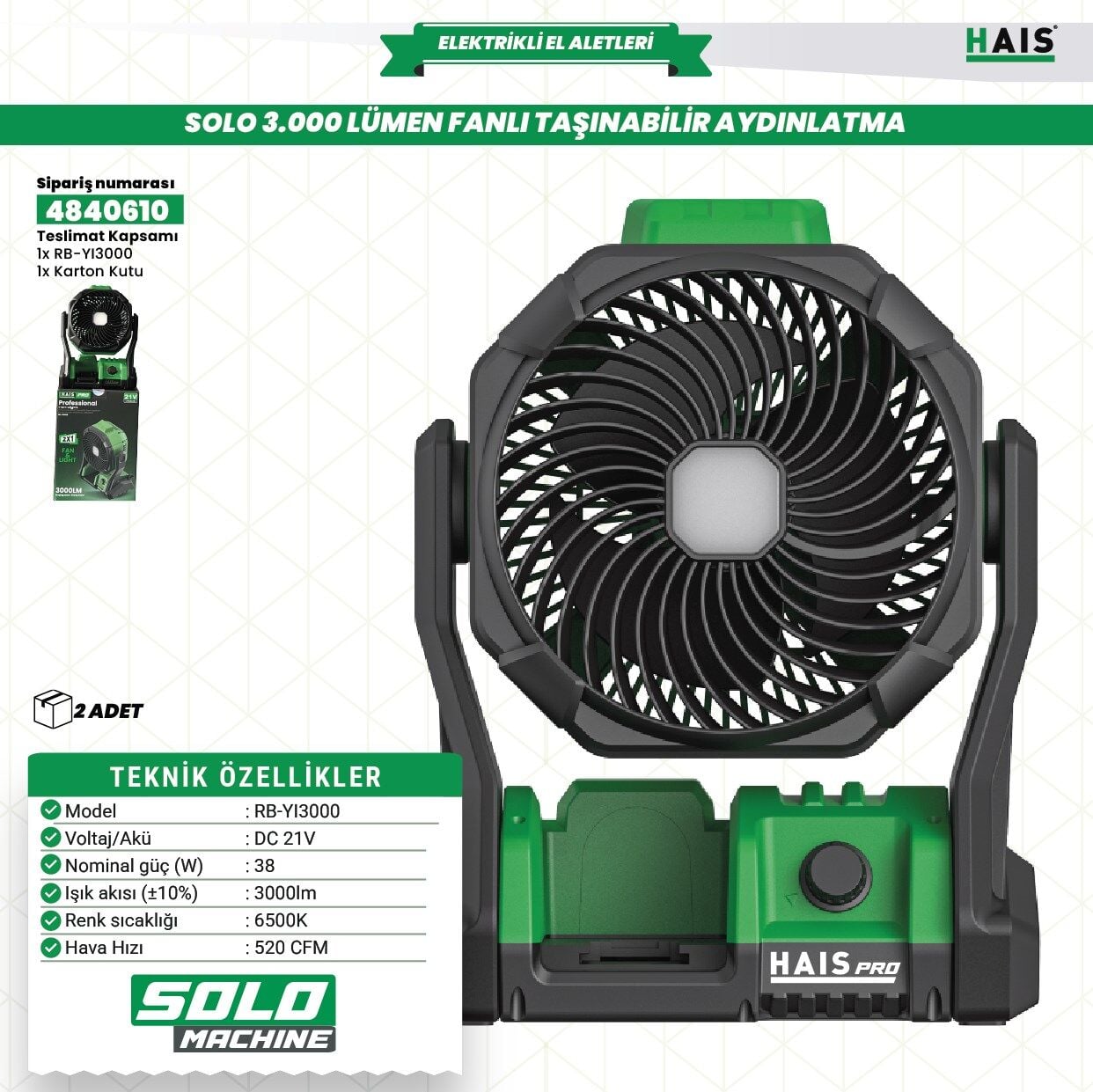 HaisPro Akülü Solo Fanlı Led Projektör Rb-yi3000