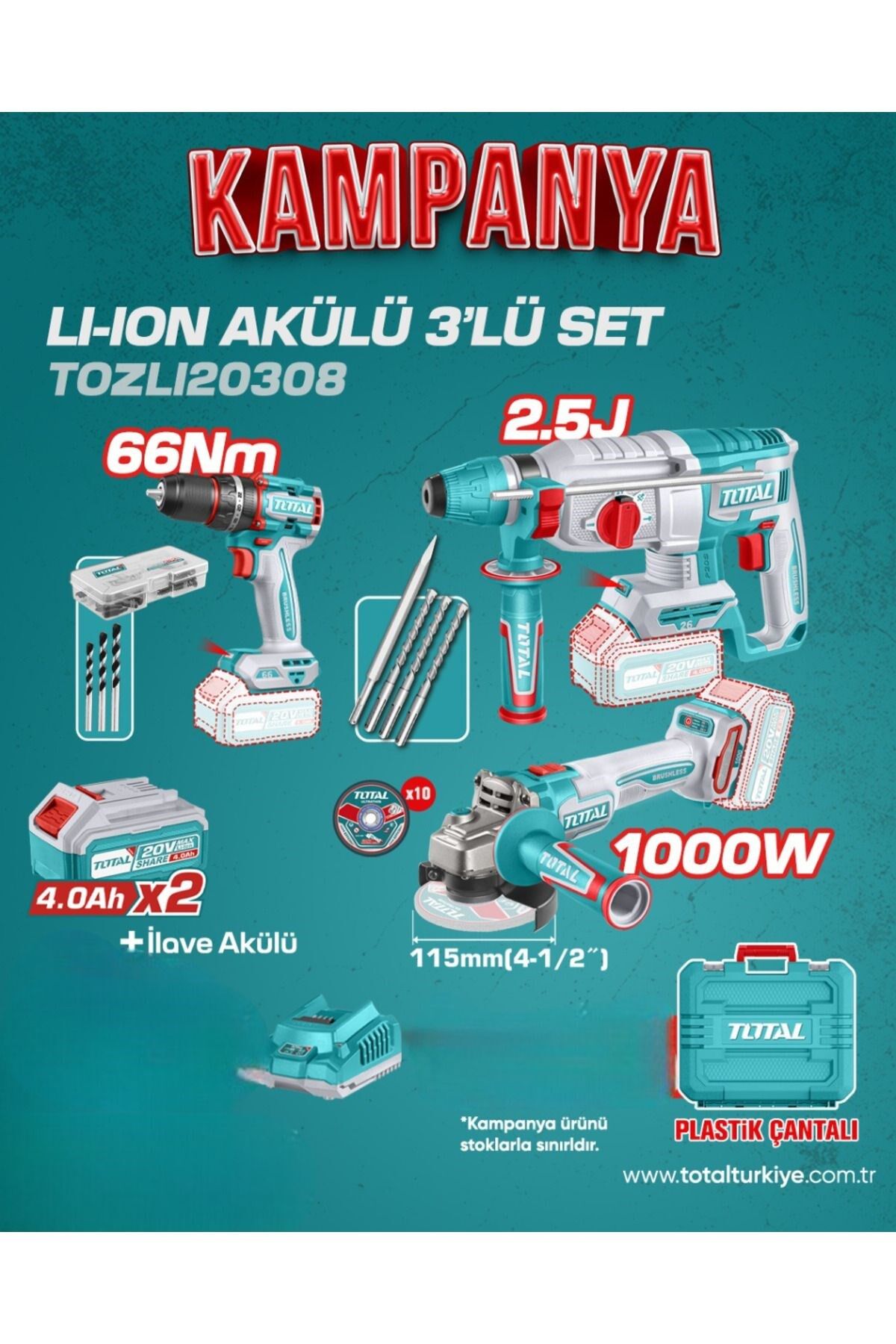 TOTAL PROFESYONEL 3'LÜ PROFESYONEL AKÜLÜ DARBELİ MATKAP SET + 2x4 Ah Akü Seti