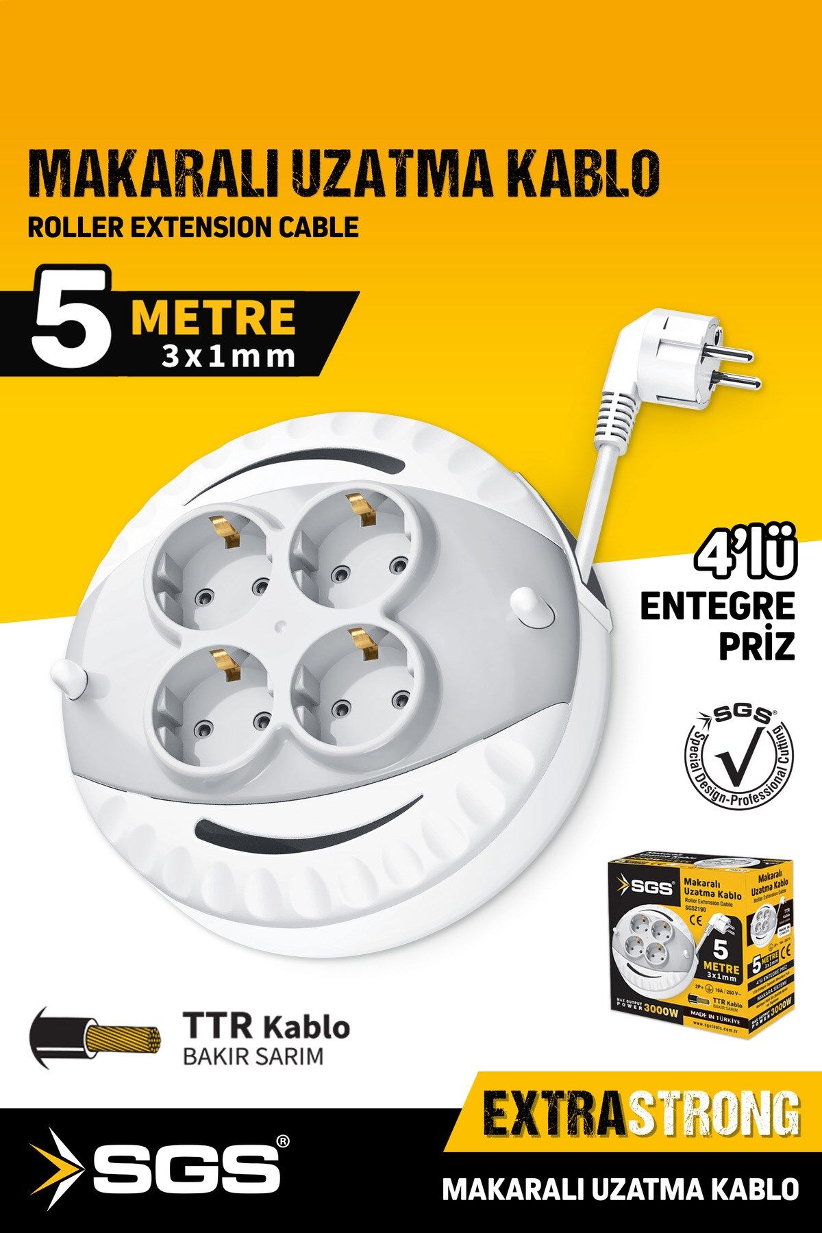 Sgs2190 Makaralı Uzatma Kablo 4 Lü 5 Metre 3x1mm 3000 Watt Diğer