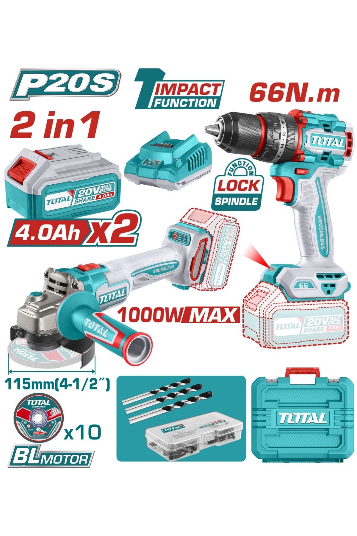 TOTAL AKÜLÜ SET - DARBELİ MATKAP ve AKÜLÜ TAŞLAMA 2x4 AH AKÜ TCKLI20273E
