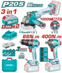 Total Akülü Set 3'lü - Darbeli Matkap + Avuç Taşlama + Somun Sıkma + 2x4 Ah Set TOSLI241291E