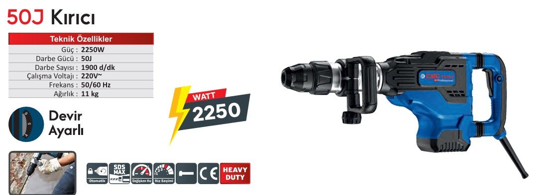 Cmc3918  Kırıcı 50J 2250 W Devir Ayarlı Sds Max