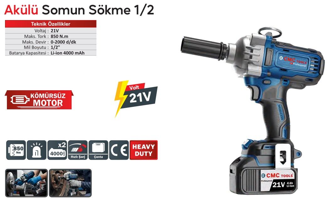 CMC3921 Akülü Somun Sıkma Makinesi 21v 850 Nm Tork 1/2