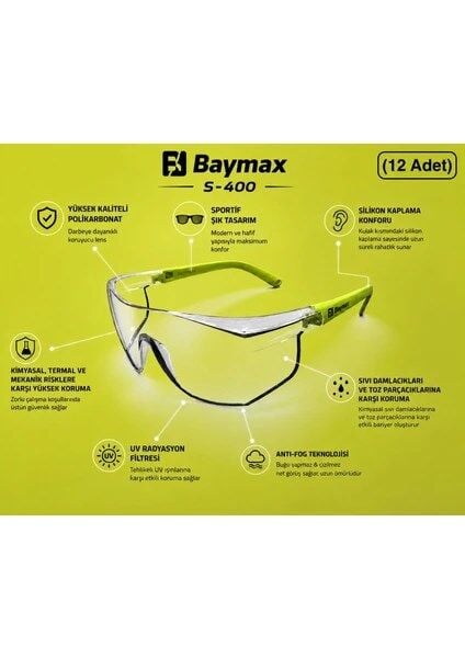 Baymax S400 Standart Koruyucu Gözlük (Şeffaf)  1 Adet