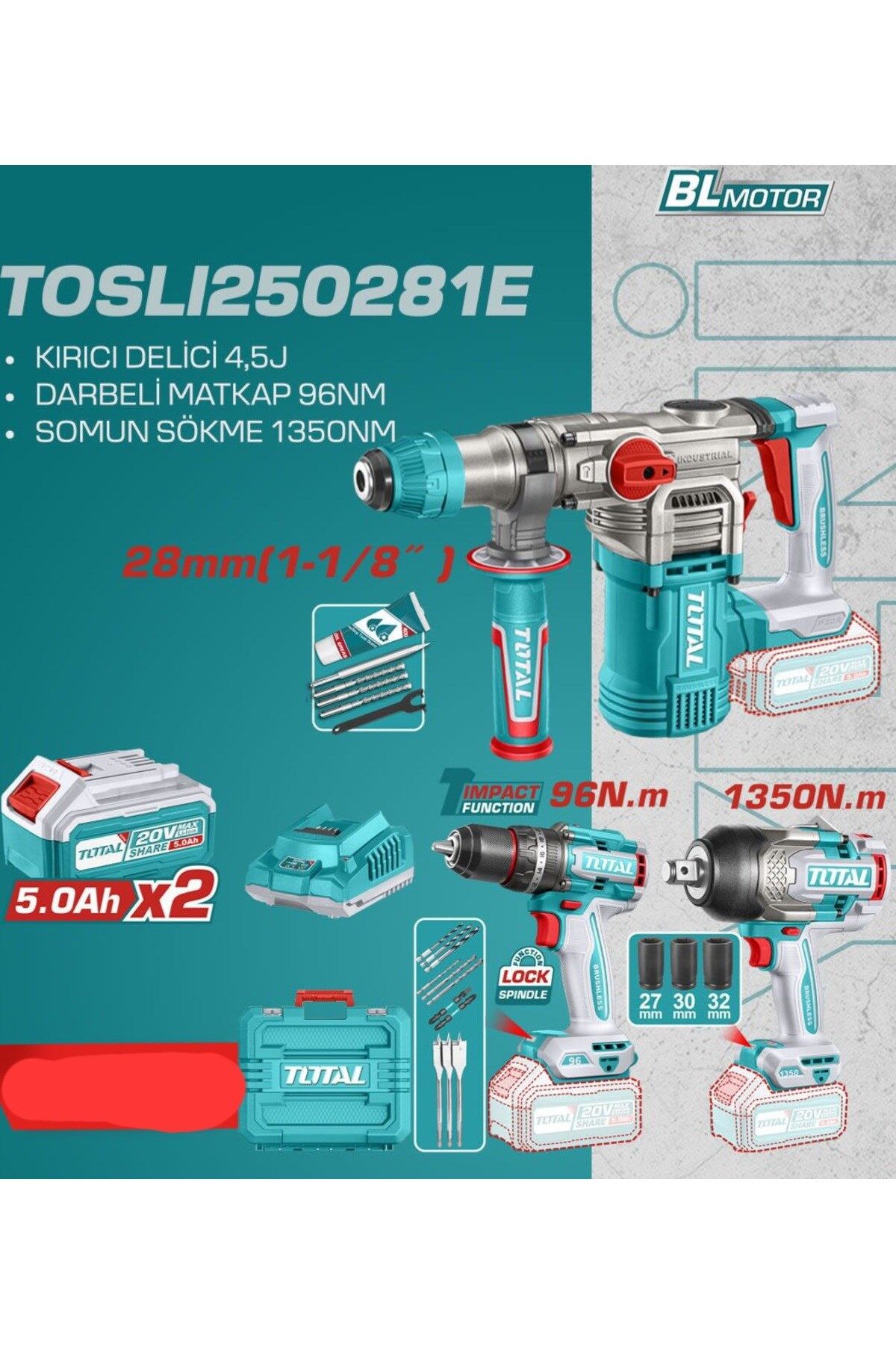 avantajlı akülü prof set, kırıcı delici 4.5j, darbeli matkap 96nm, somun sökme 1350nm