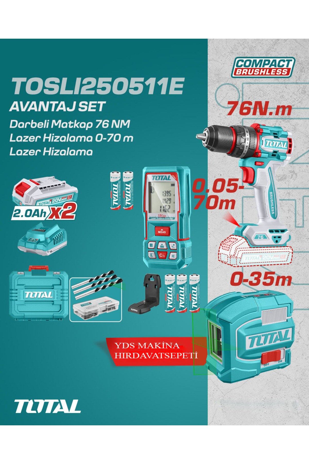 3'lü Akülü Matkap Lazer 0-70m Lazer Hizalama Set 2.0 Ah Çift Akü TOSLI250511E