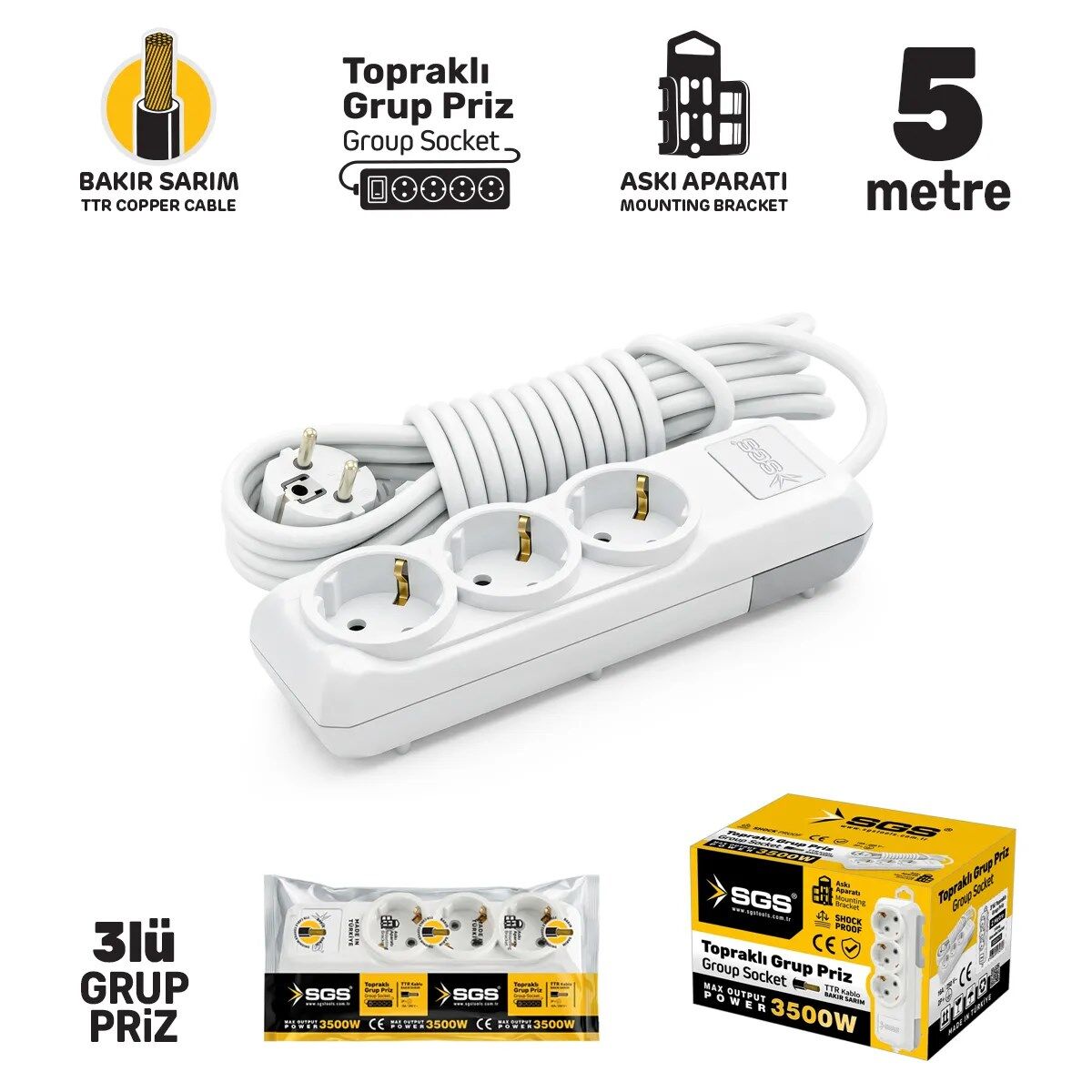Sgs3477 Grup Priz Topraklı Üçlü 5 Metre, Üçyol, Uzatma Kablosu