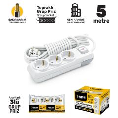 Sgs3481 Grup Priz Topraklı Anahtarlı Üçlü 5 Metre, Üçyol, Uzatma Kablosu