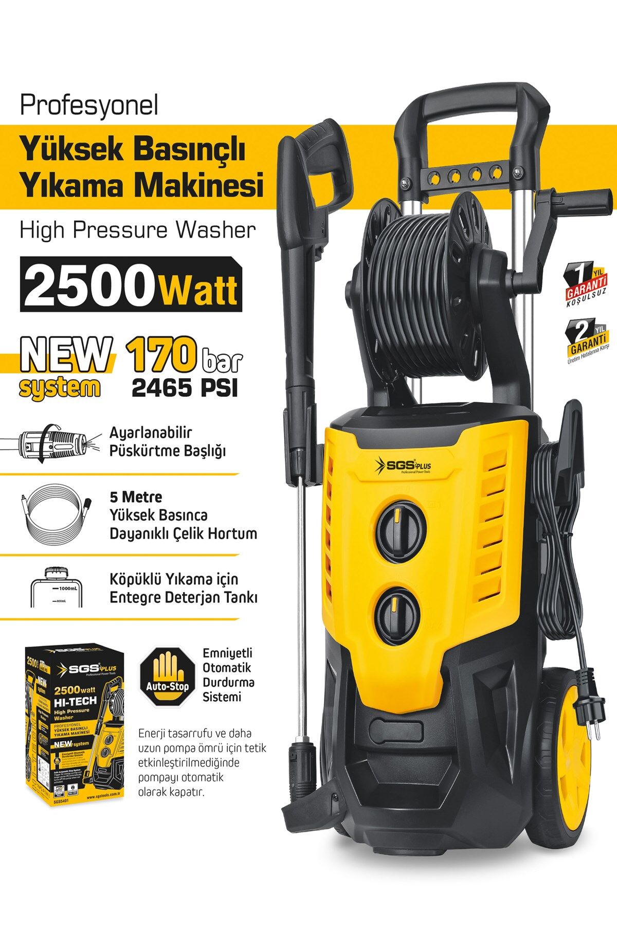 SGS5401 170 BAR Profesyonel Elektrikli Basınçlı Araba Yıkama Makinesi 2500 Watt