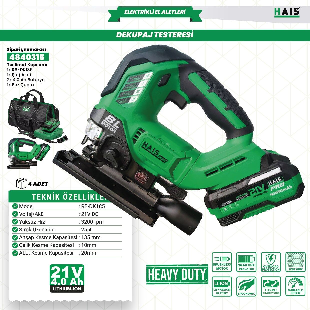 HaisPro Akülü Dekupaj Testeresi RB-DK185 Çift Akülü