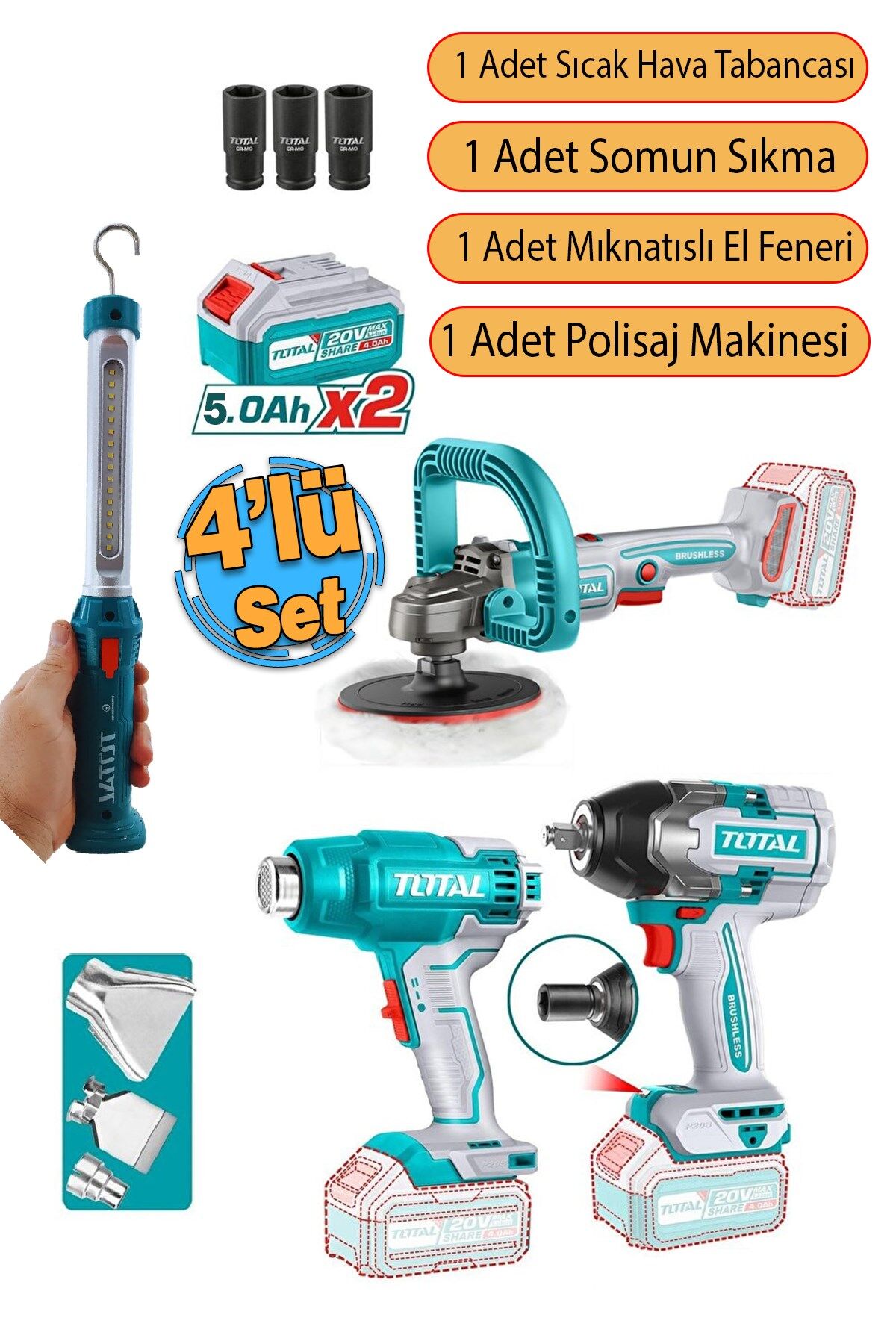 4'lü Set 20 V 4.0 Ah Batarya Polisaj Makine Vidalama Somun Sökme Sıcak Hava Tabanca El Feneri