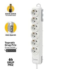 SGS3492 Grup Priz Topraklı Altılı 3 Metre, Uzatma Kablosu, Üçyol