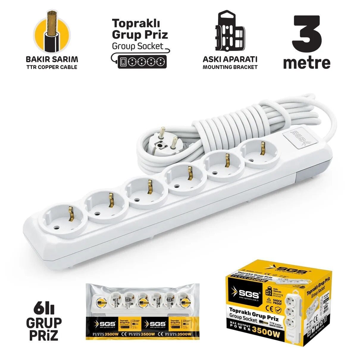 SGS3492 Grup Priz Topraklı Altılı 3 Metre, Uzatma Kablosu, Üçyol