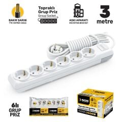 SGS3492 Grup Priz Topraklı Altılı 3 Metre, Uzatma Kablosu, Üçyol