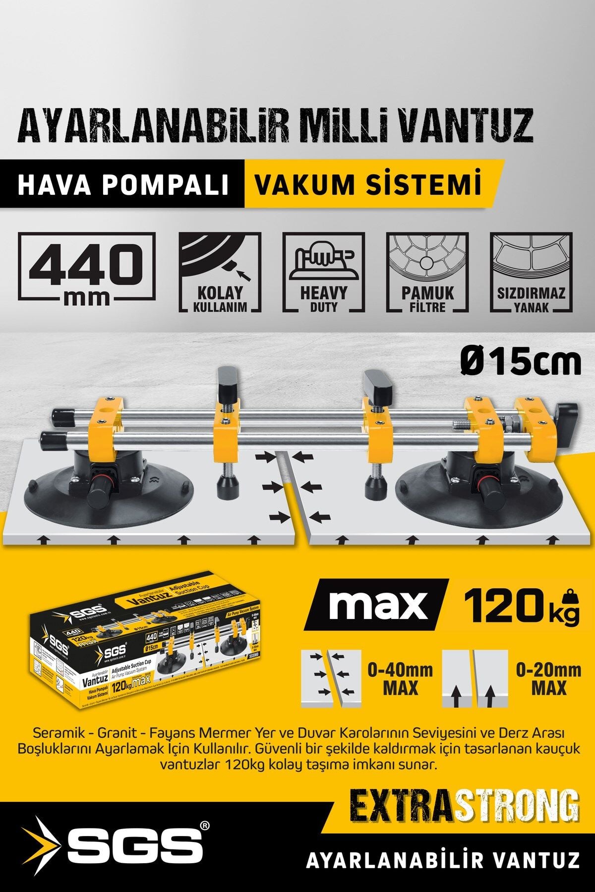 SGS960 120 KG İkili Ayarlanabilir Milli Vantuz Hava Pompalı Vakum Sistemi Seramik Boşluk Ayarlama