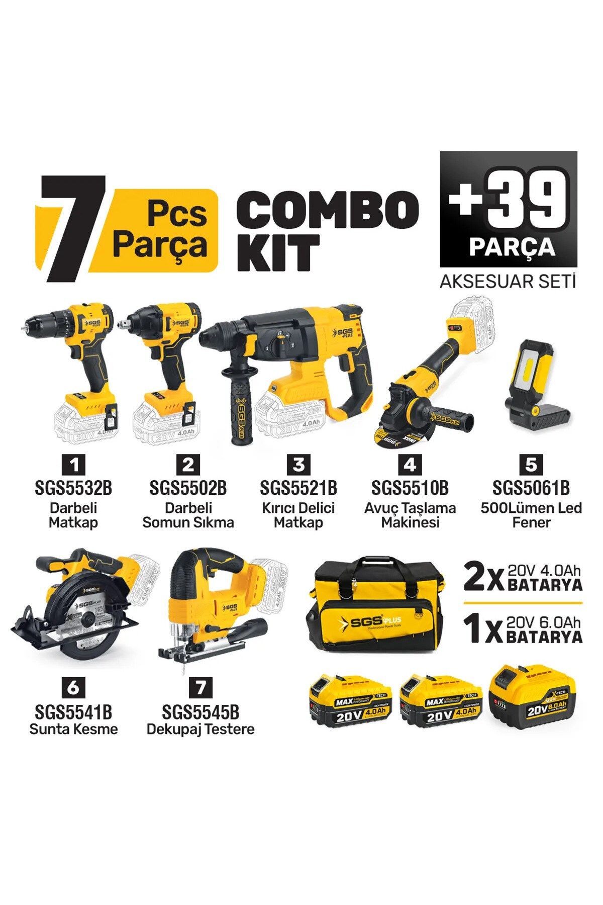 SGS5452 COMBO SET 7 PARÇA ŞARJLI MATKAP HİLTİ TAŞLAMA SOMUN SIKMA SUNTA KESME DEKUĞAJ TESTERE