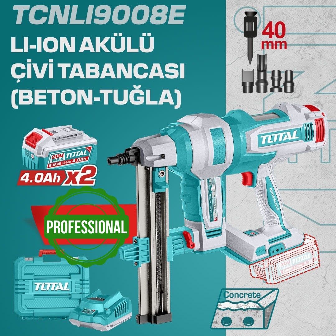 Total Li-ion Akülü Kömürsüz Çivi Tabancası 40 mm 2x4 Ah Çift Akü TCNLI9008E