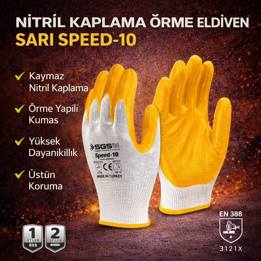 SGS7710 Speed-10 Nitril Kaplama Örme Eldiven Sarı.  Adet 3