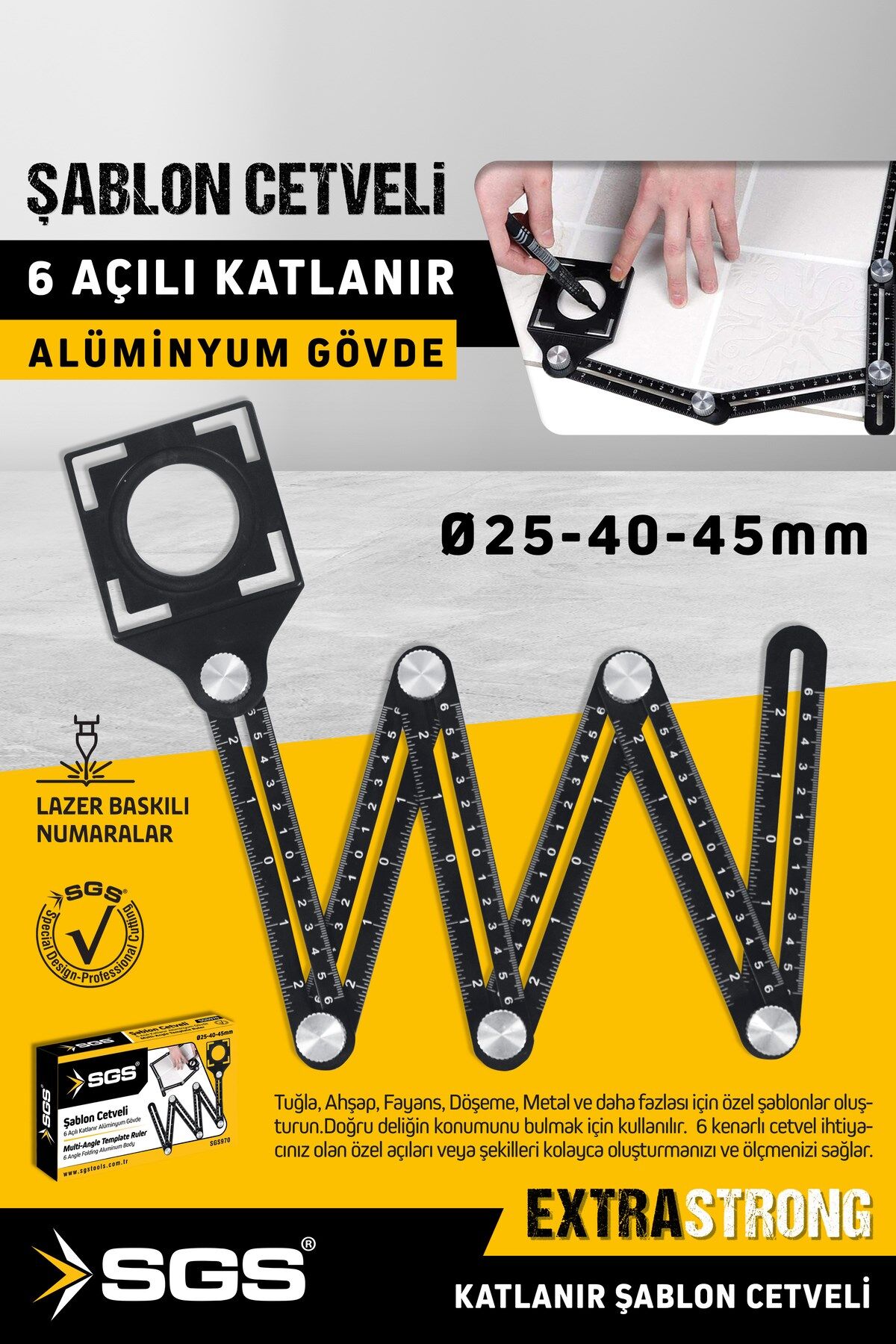 SGS970 Alüminyum Alaşım Delik Şablon Cetveli Fayans Granit Ölçme Cetveli