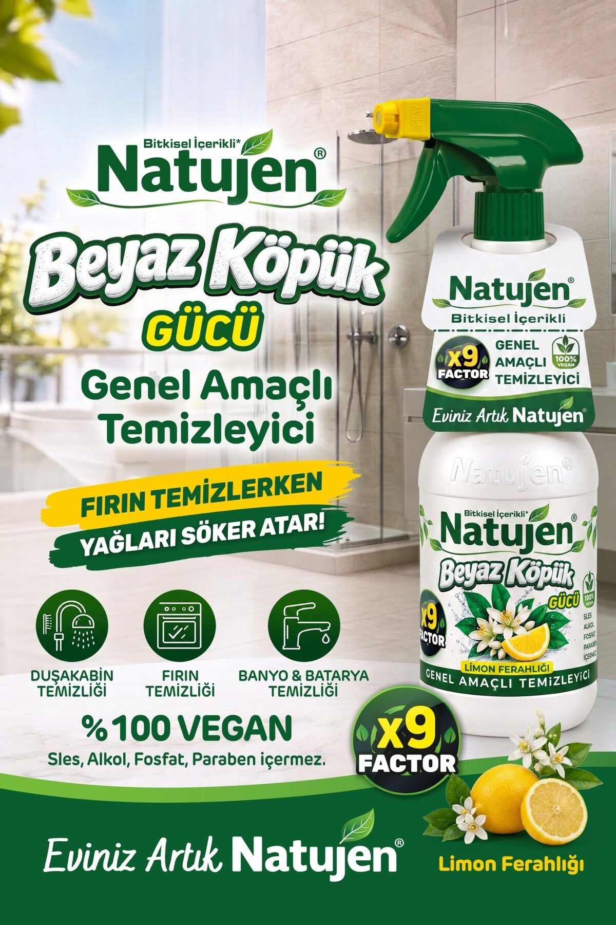 Natujen Genel Amaçlı Temizleyici Beyaz Köpük Gücü Limon Ferahlığı X9 Factor 1000 ml.