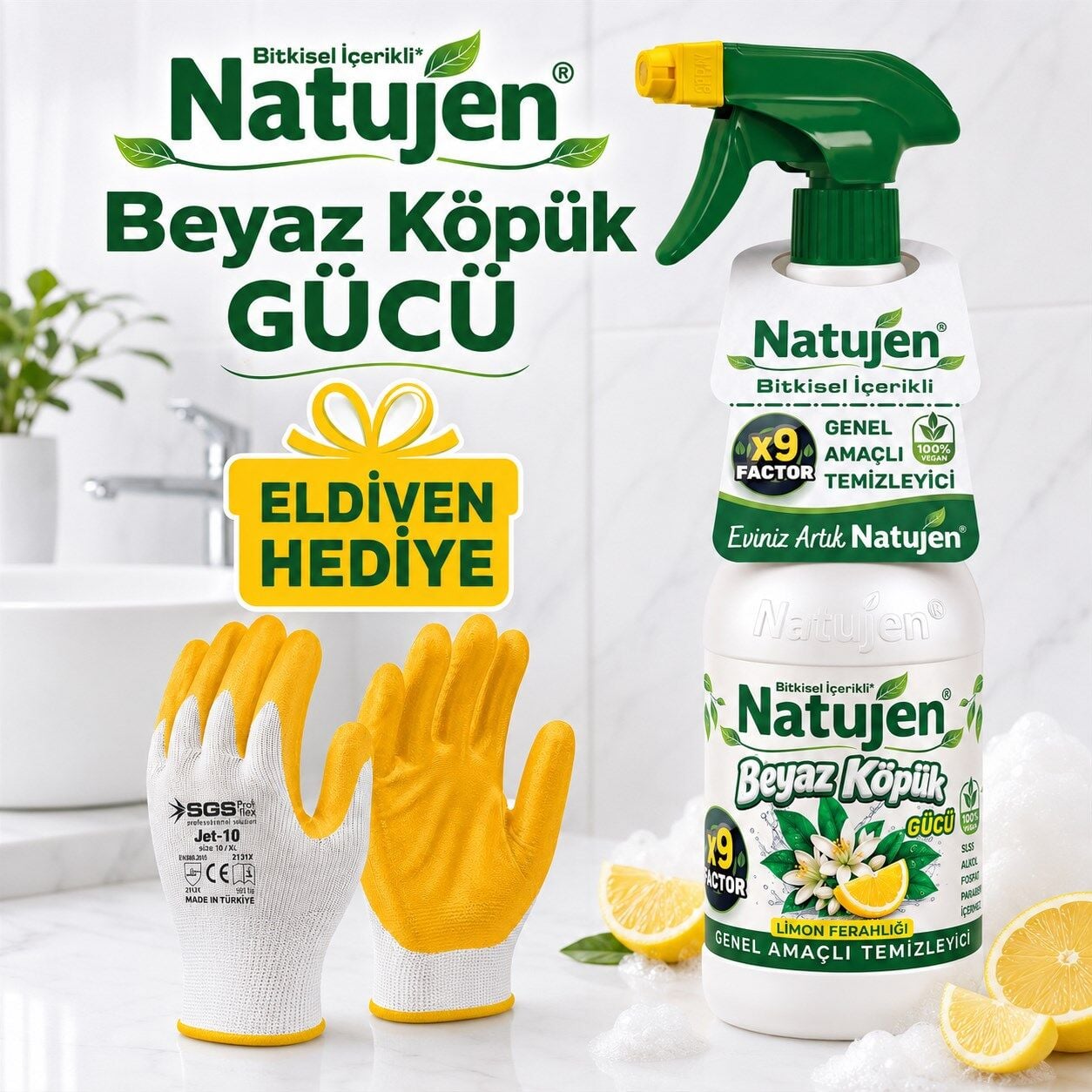 Natujen Genel Amaçlı Temizleyici Beyaz Köpük Gücü Limon Ferahlığı X9 Factor 1000 ml.