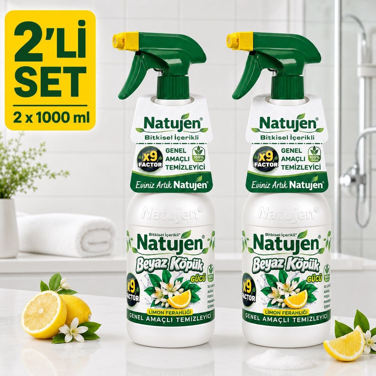 Natujen Genel Amaçlı Temizleyici Beyaz Köpük Gücü Limon Ferahlığı X9 Factor 2x1000 ml. 2'li Set