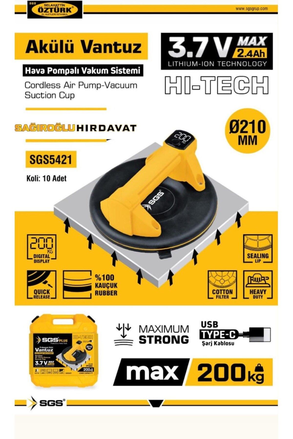 Sgs5421 Akülü dijital göstergeli vakum vantuz 200kg taşıma kapasiteli