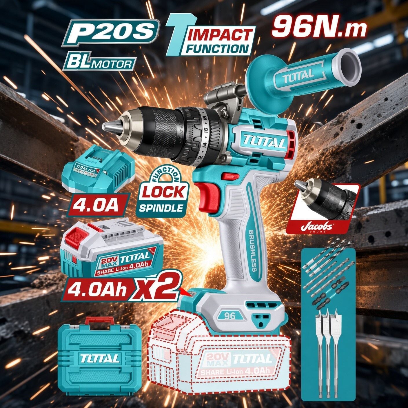 Total Tıdlı209686e Lı-ıon Akülü Kömürsüz Darbeli Matkap 96nm Yüksek Tork Gücü Çelik Mandren