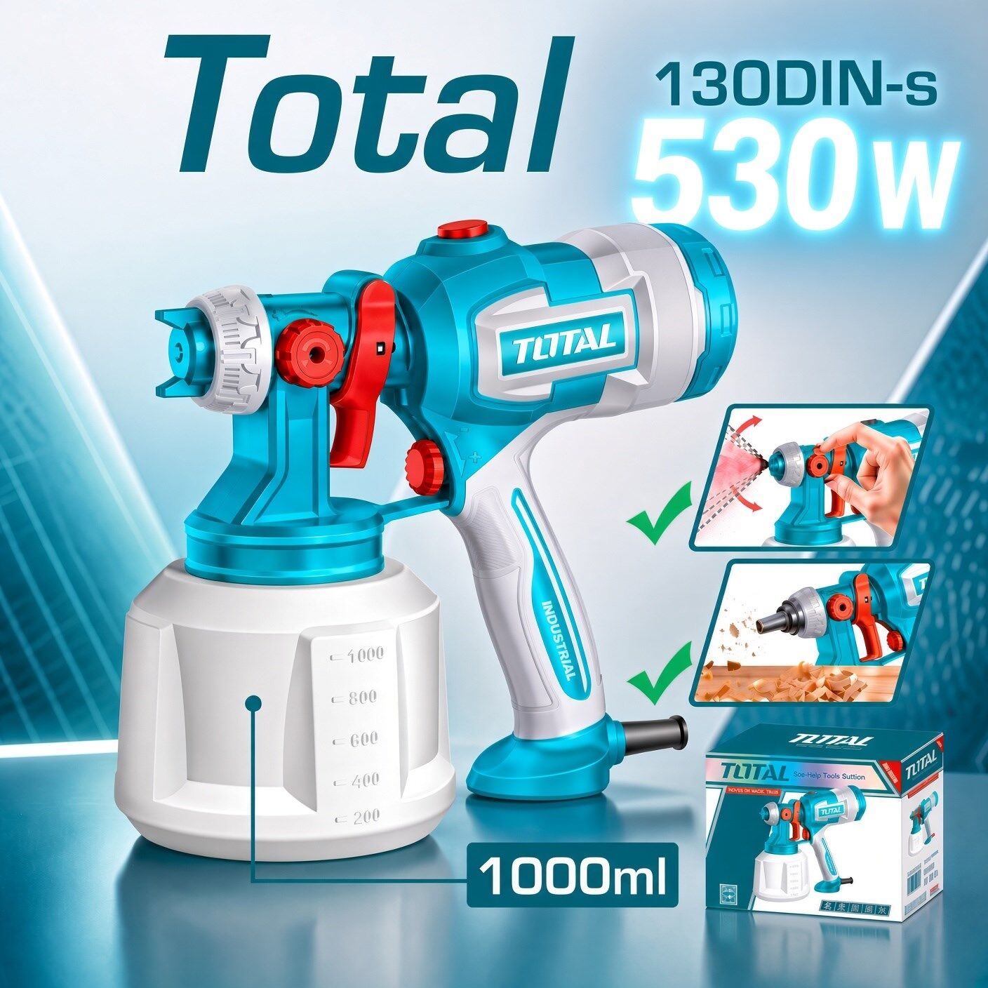 Total Tt4506e Elektrikli Boya Tabancası 530w 1000ml Güçlü Motor ve Yüksek Kapasite