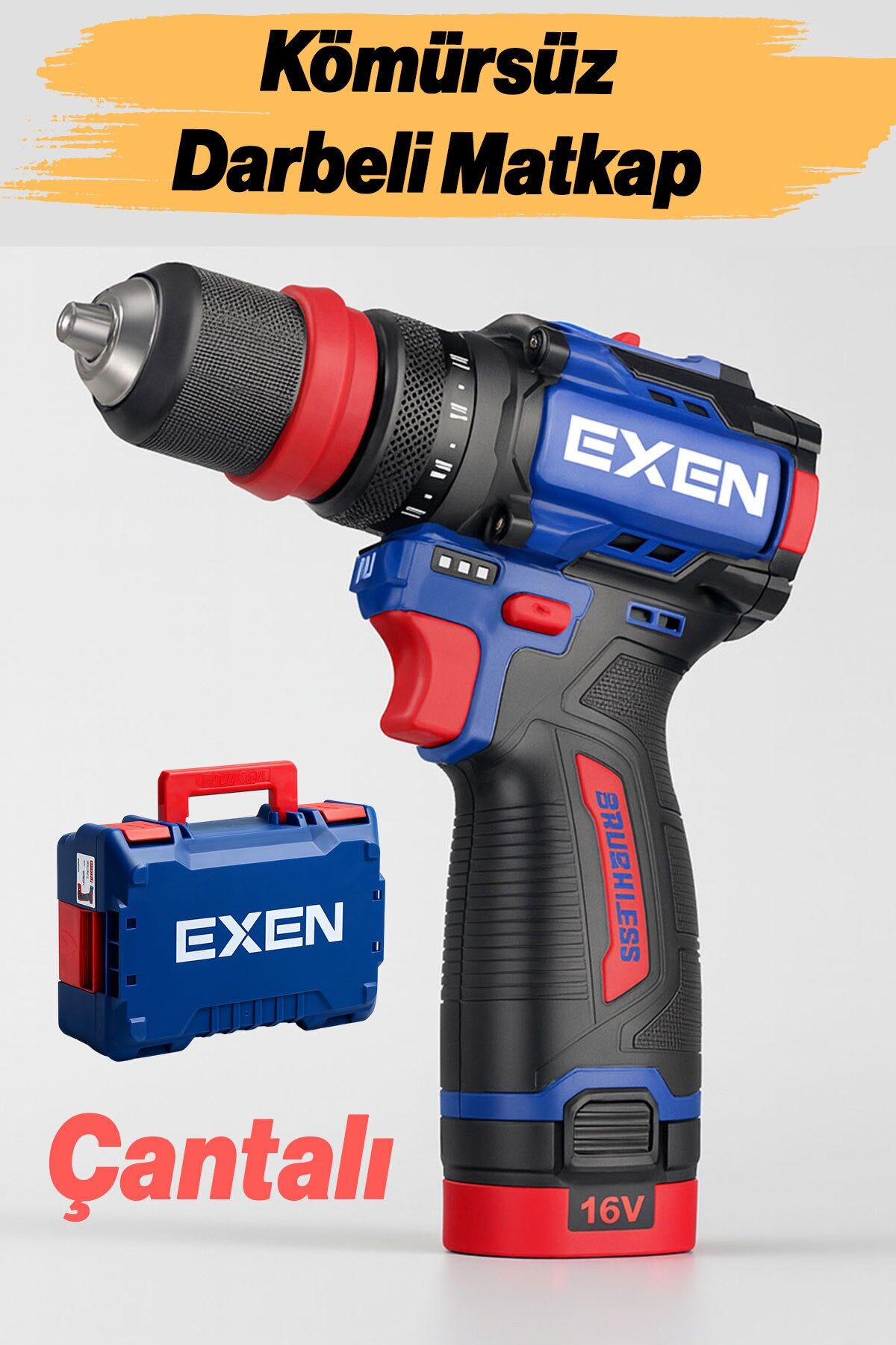Exen EN 162 DS Kömürsüz Darbeli Akülü Matkap 16V 2Ah Li-ion Hızlı Şarj Led Işıklı Taşıma Çantalı