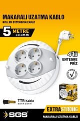Sgs2190 Makaralı Uzatma Kablo 4 Lü 5 Metre 3x1mm 3000 Watt